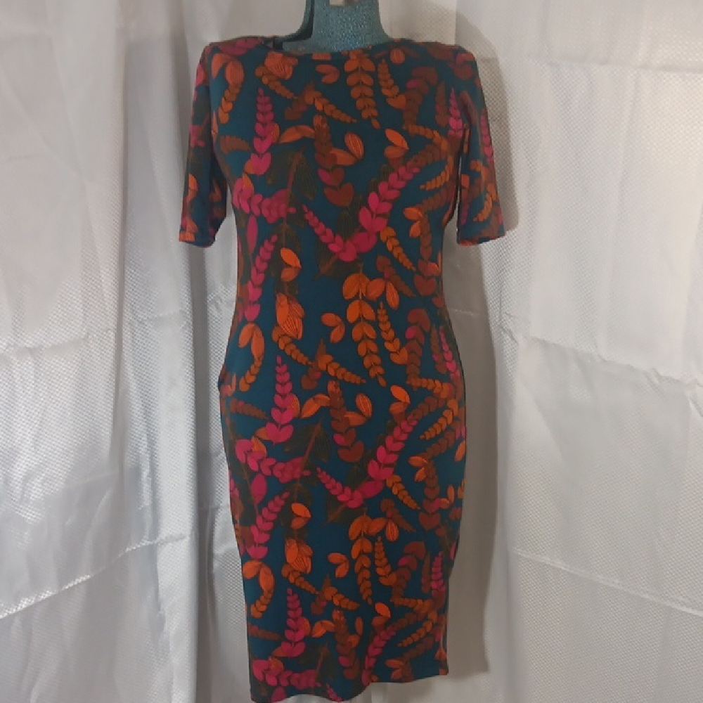 LuLaRoe "Julia" Bodycon Midi Dress w/Vibrant Orange and Pink Leaves